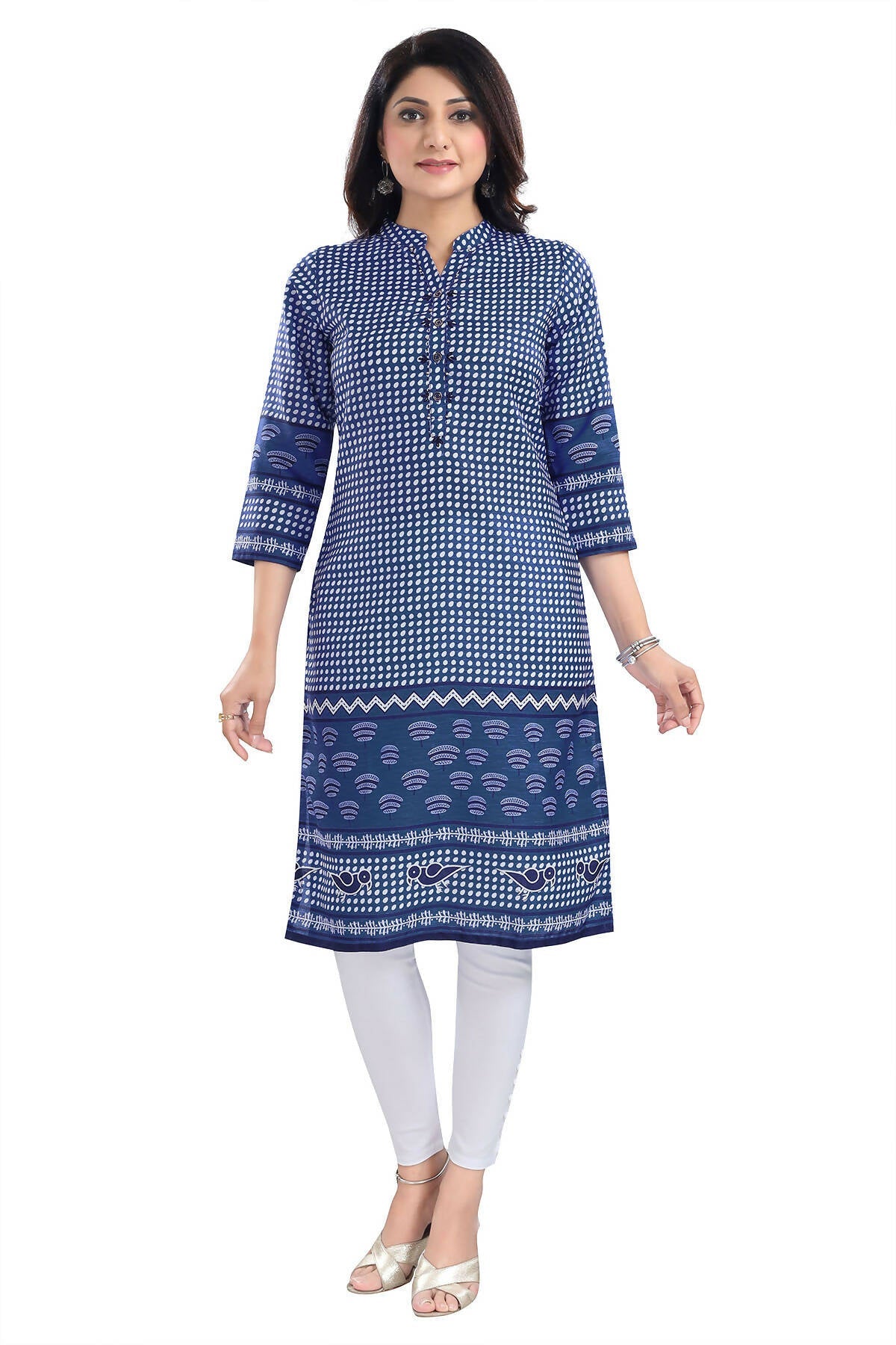 Snehal Creations Indigo Blue Designer Digital Print Cotton Slub Fabric Long Kurti Tunic