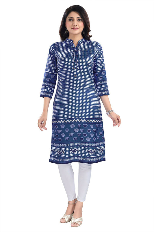 Snehal Creations Indigo Blue Designer Digital Print Cotton Slub Fabric Long Kurti Tunic