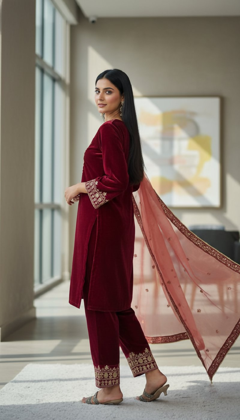 Joban Fashion Maroon Velvet Embroidery Sequence Work Readymade Kurta Set