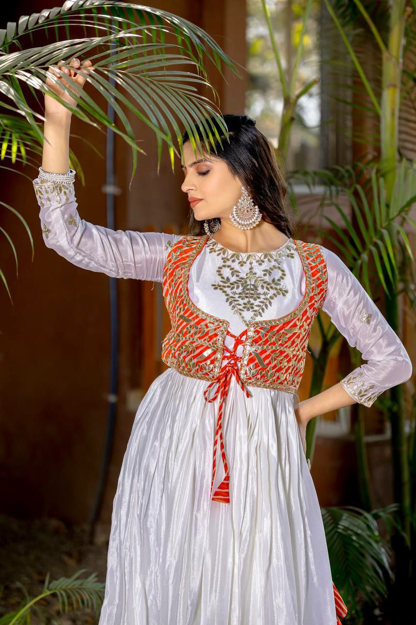 Prazu Fashion Off White Chinon Silk Laheriya Print Gown(Jacket Nd Hand Purse)