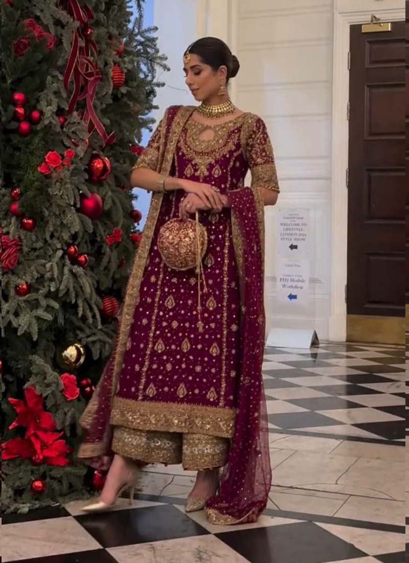 Prazu Fashion Wine Georgette Embroidered Salwar Suit