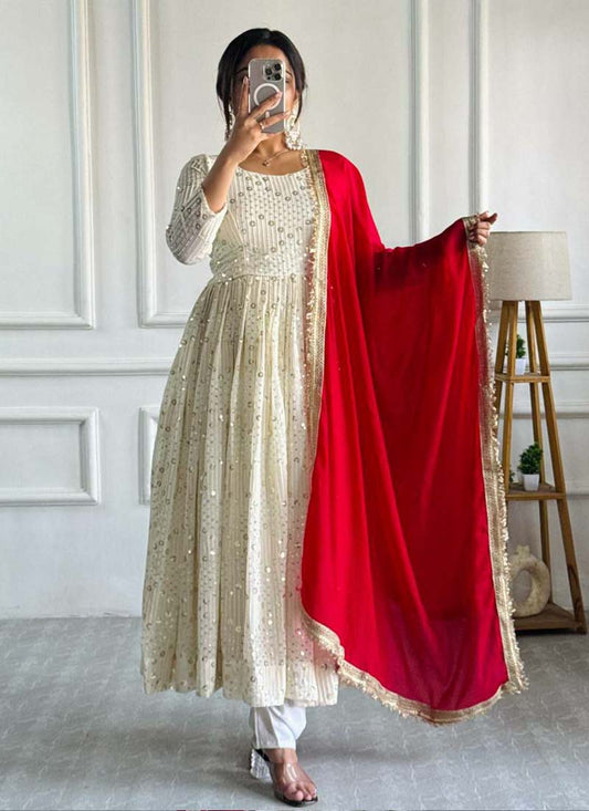 Prazu Fashion Off White Georgette Embroidered Anarkali Suit | Grab2Buy