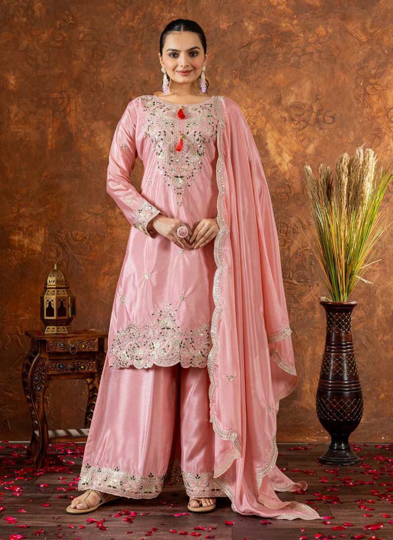 Prazu Fashion Baby Pink Chinon Silk Embroidered Codding Work Palazzo Suit | Grab2Buy