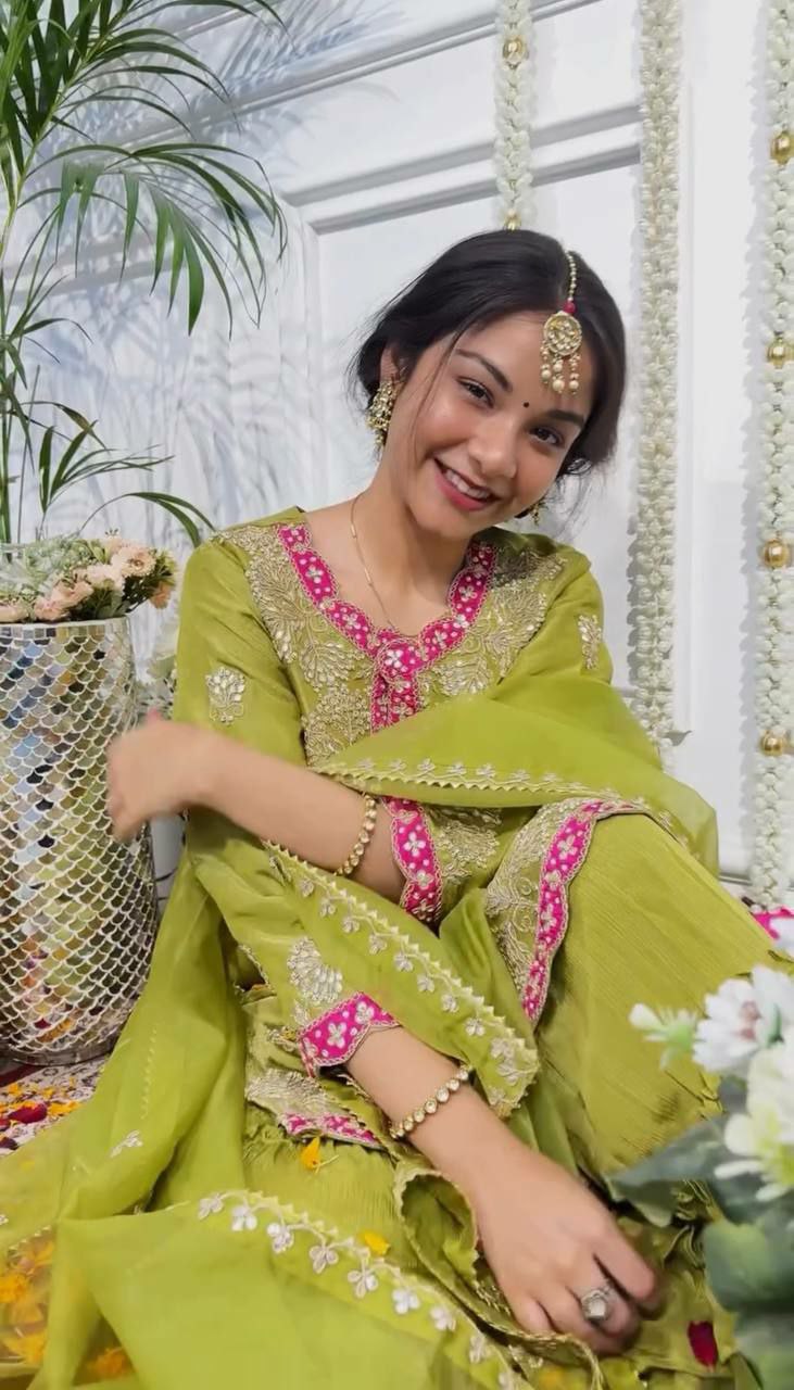 Prazu Fashion Lime Green Chinon Silk Embroidered Sharara Suit
