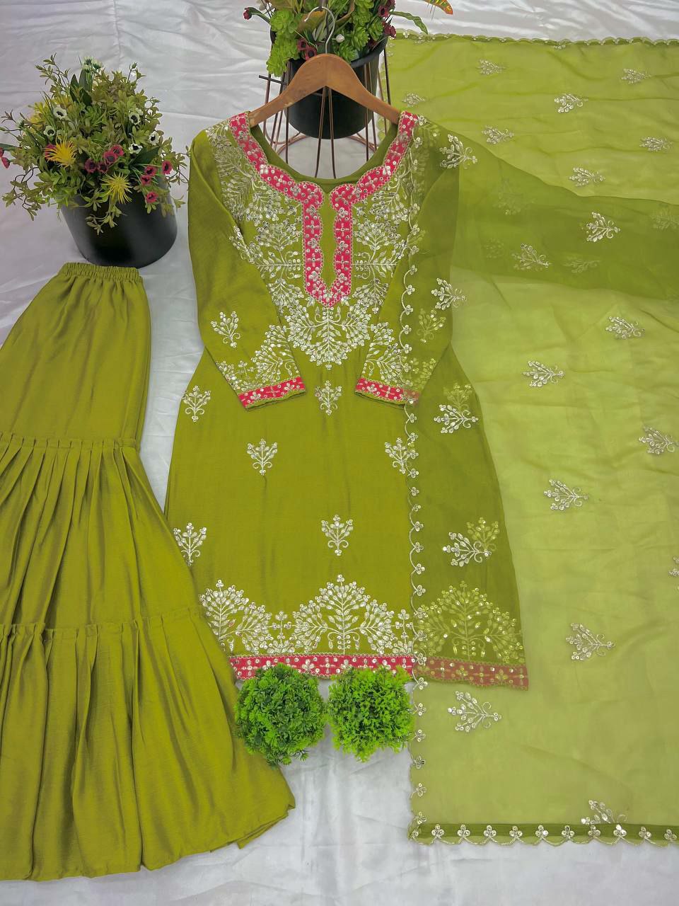Prazu Fashion Lime Green Chinon Silk Embroidered Sharara Suit