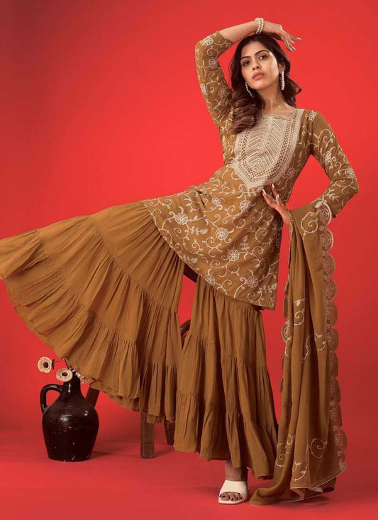 Prazu Fashion Beige Georgette Embroidered Sharara Suit