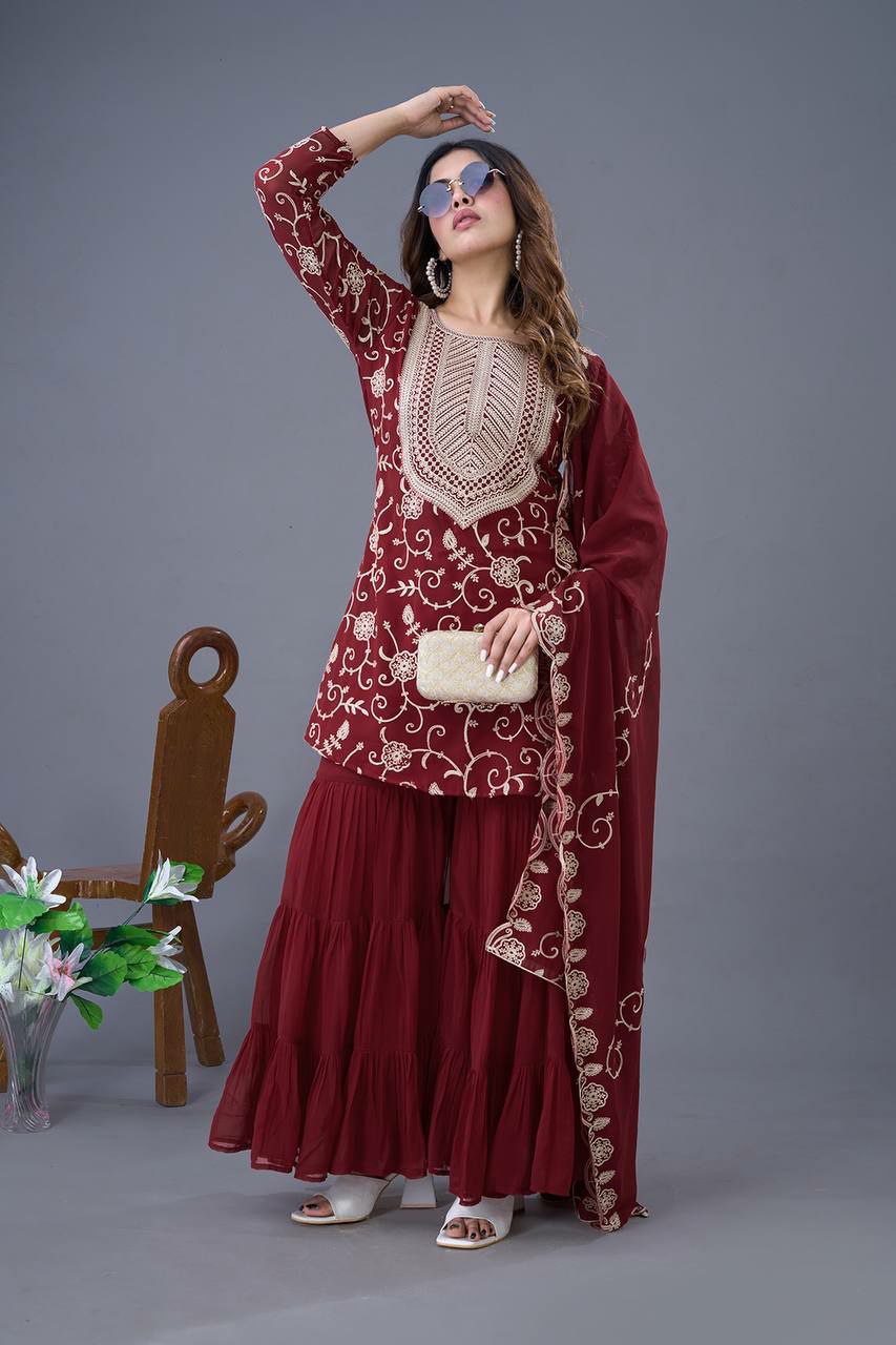 Prazu Fashion Maroon Georgette Embroidered Sharara Suit
