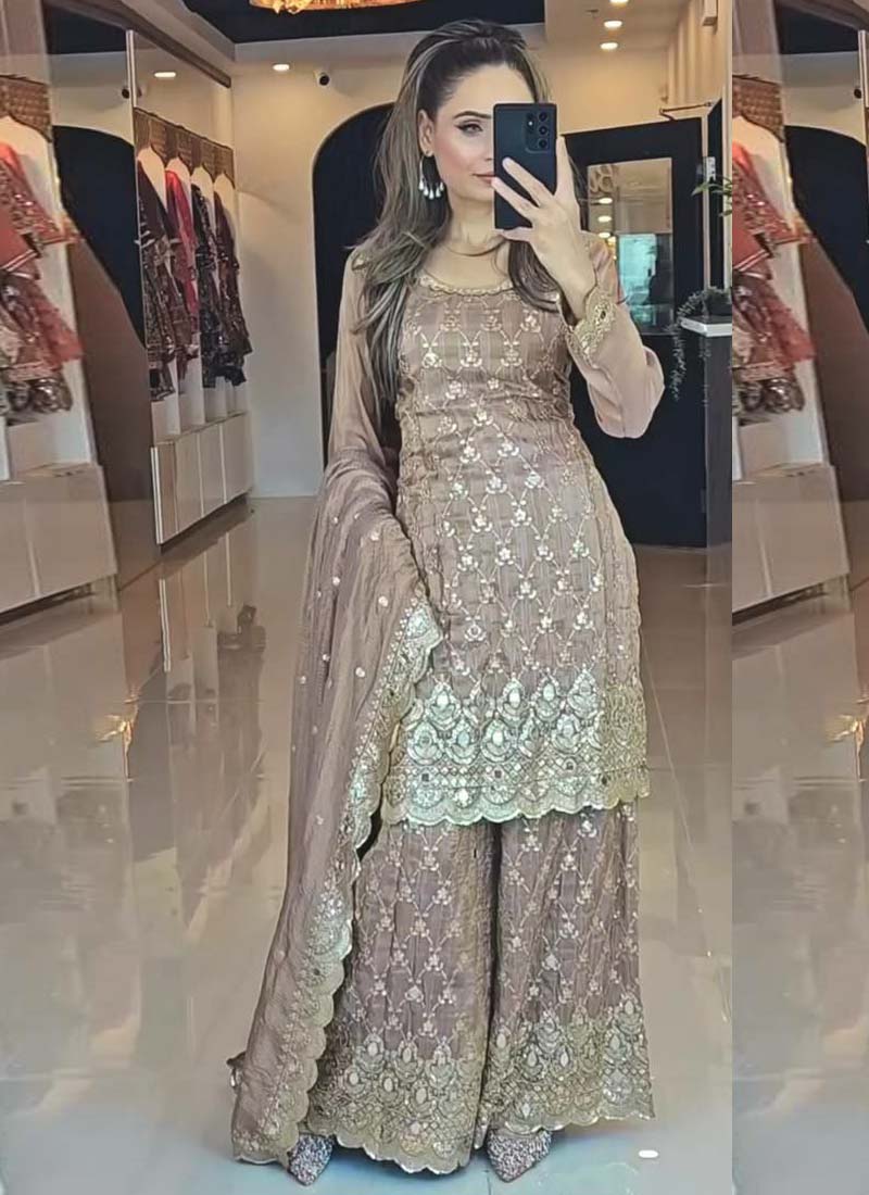 Prazu Fashion Beige Chinon Silk Embroidered Sharara Suit