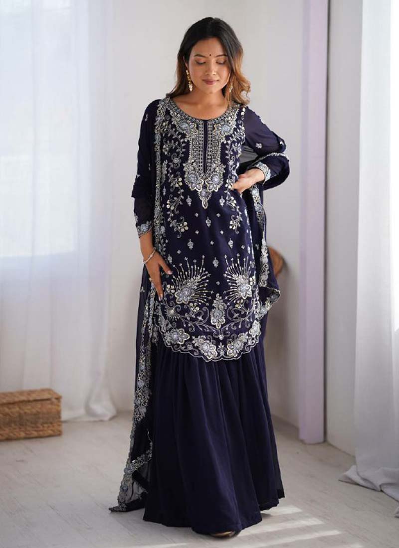 Prazu Fashion Blue Georgette Sequence Sharara Suit