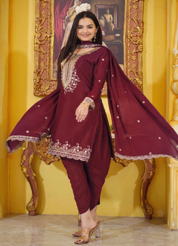 Prazu Fashion Maroon Chinon Silk Embroiderd Dhoti Suit