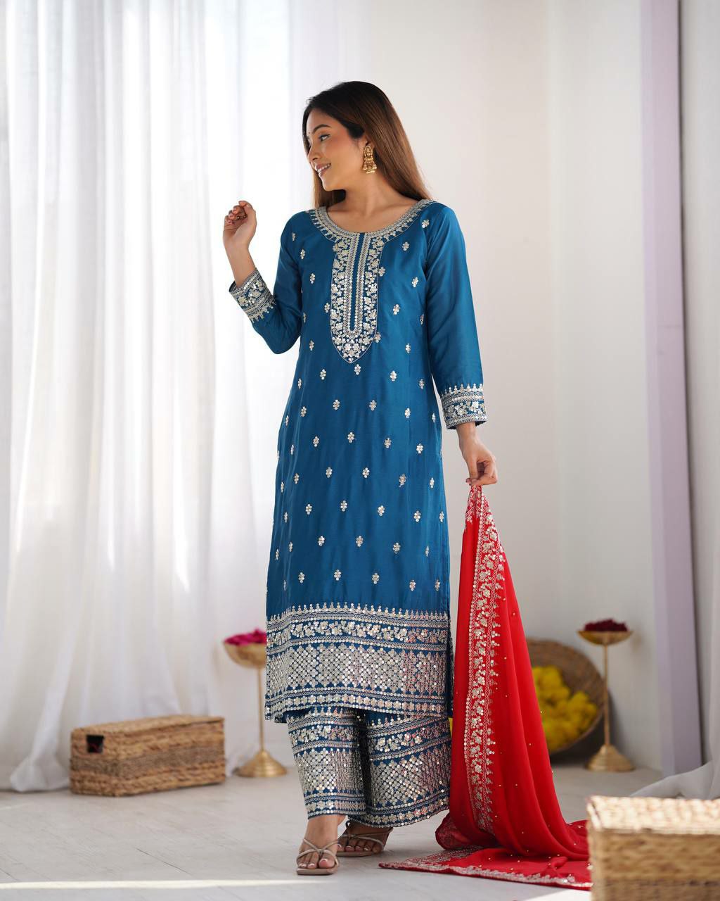 Prazu Fashion Firozi Chinon Silk Embroidered Salwar Suit