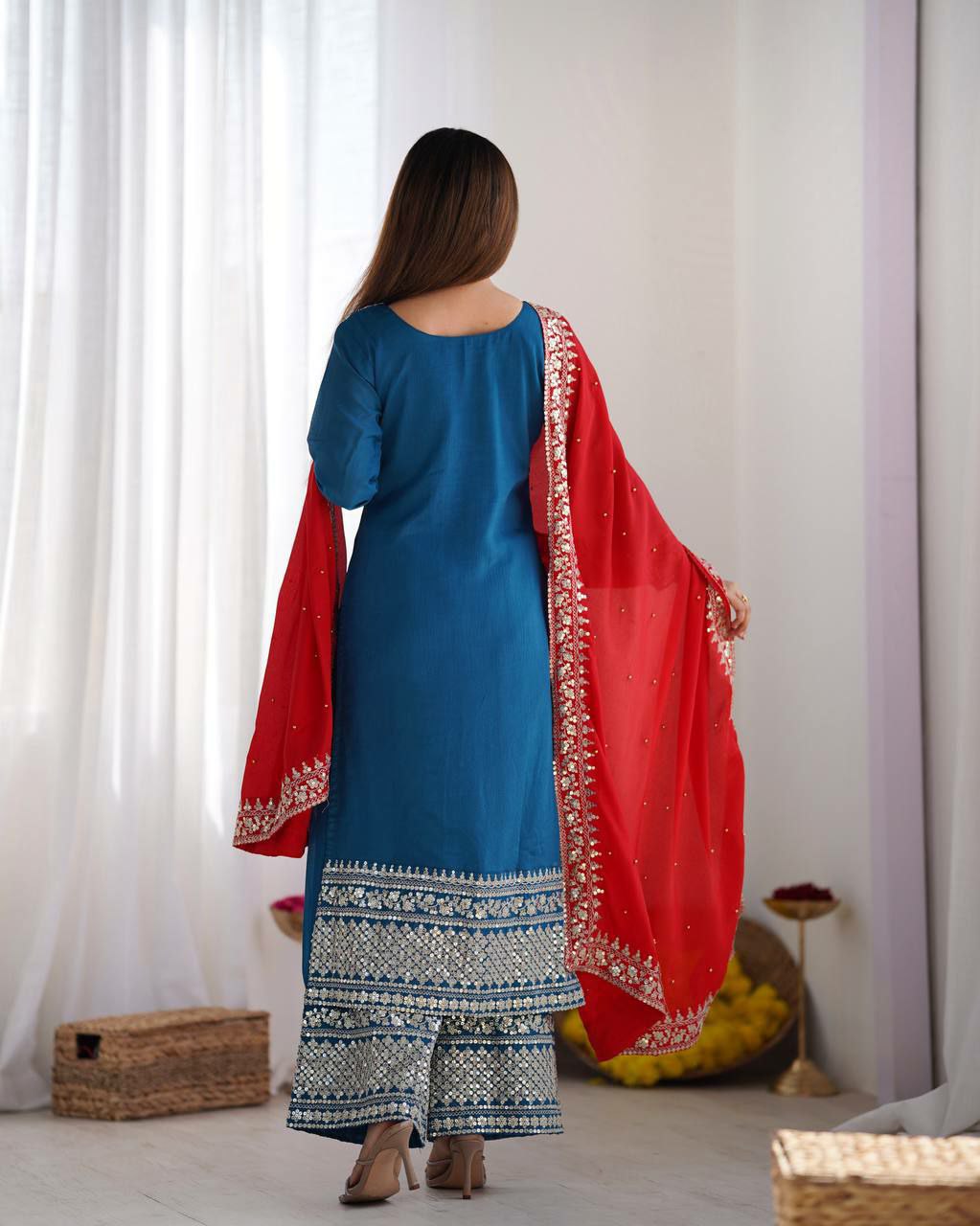 Prazu Fashion Firozi Chinon Silk Embroidered Salwar Suit