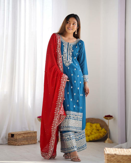 Prazu Fashion Firozi Chinon Silk Embroidered Salwar Suit