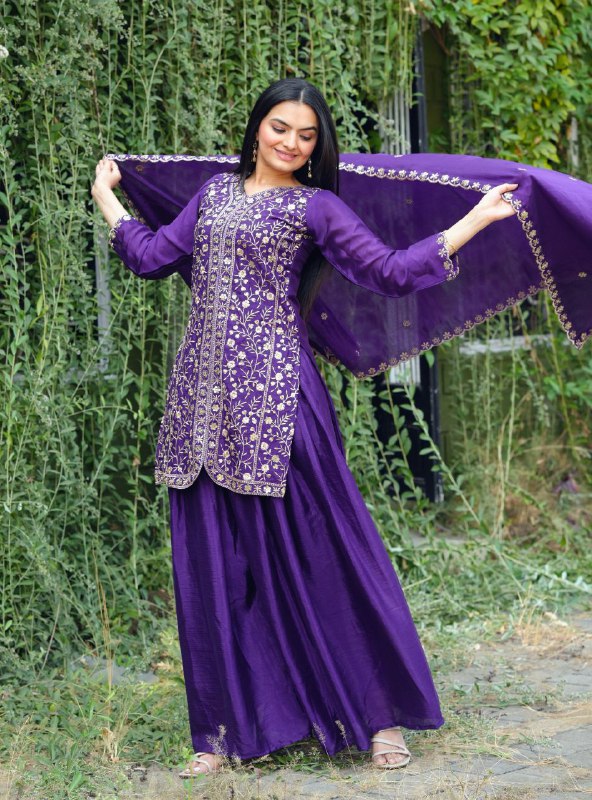 Prazu Fashion Violet Chinon Silk Embroidered Sharara Suit