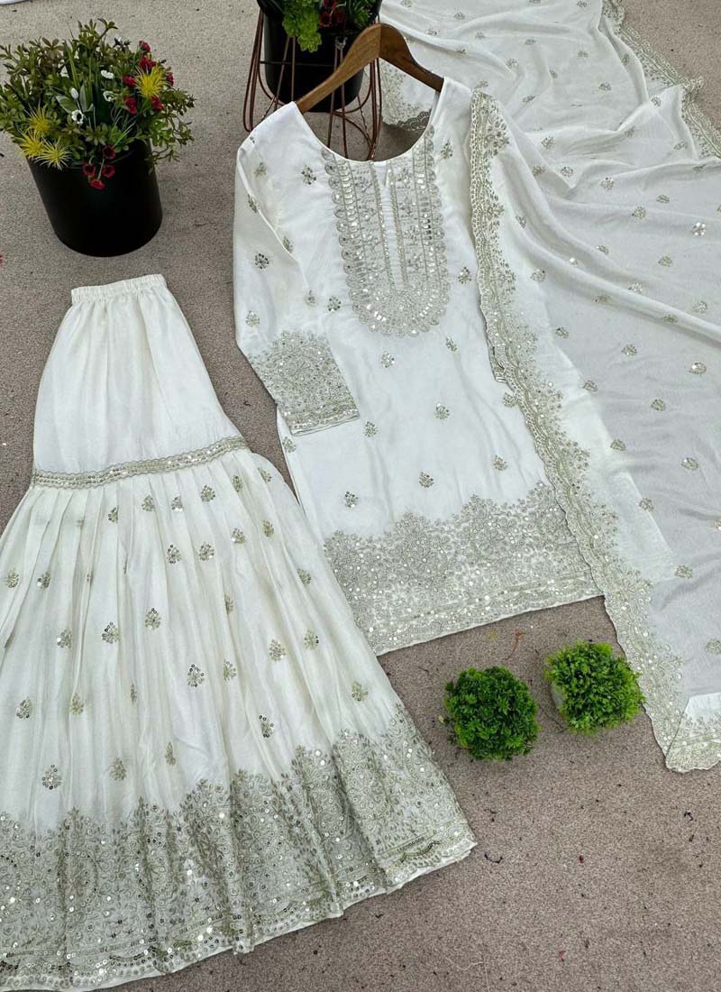 Prazu Fashion Off White Chinon Silk Embroidered Sharara Suit