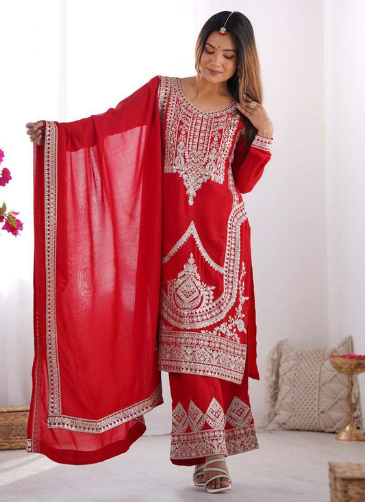 Prazu Fashion Red Vichitra Silk Embroidered Salwar Suit