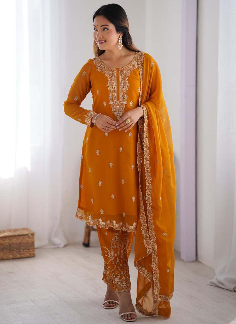 Prazu Fashion Yellow Georgette Thread Work Salwar Suit