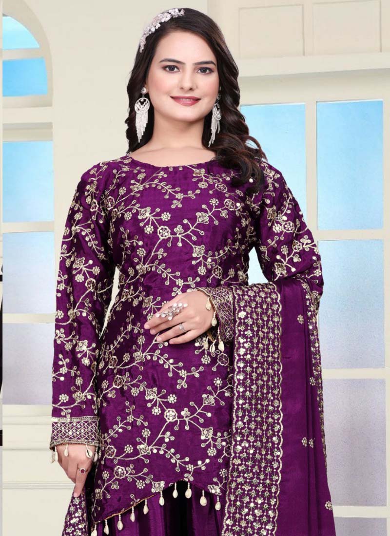 Prazu Fashion Violet Chinon Silk Embroidered Sharara Suit