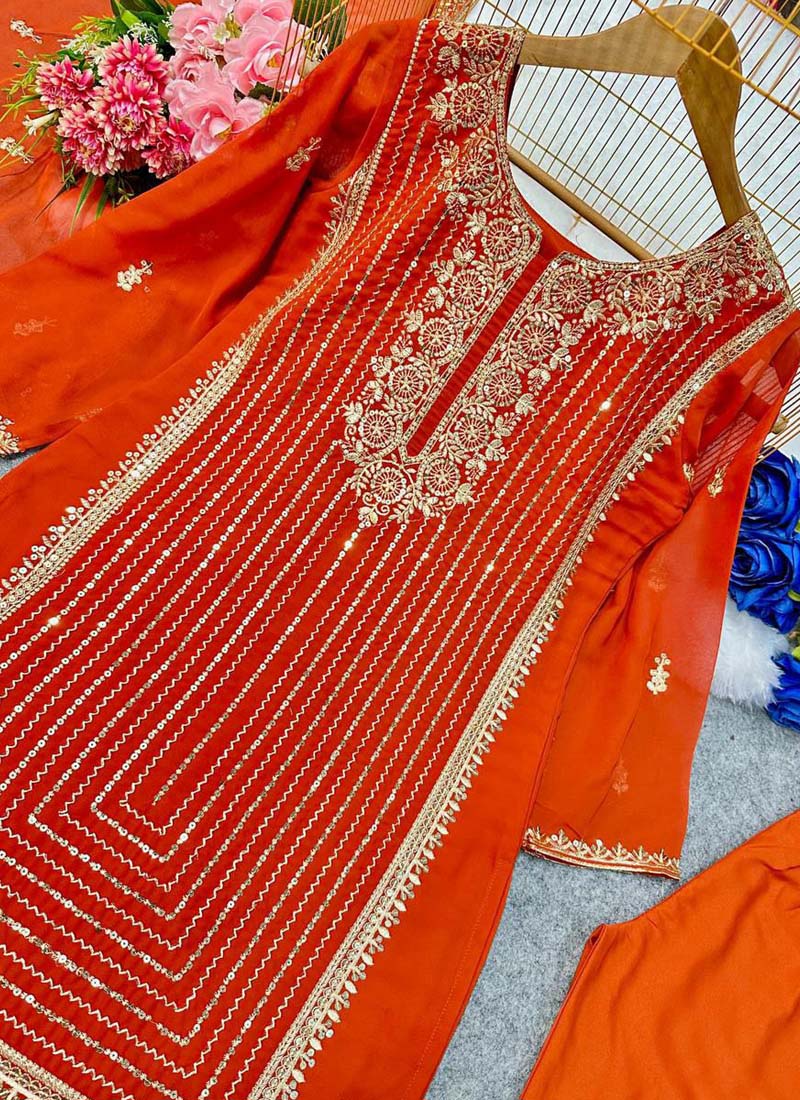 Prazu Fashion Orange Georgette Embroidered Salwar Suit