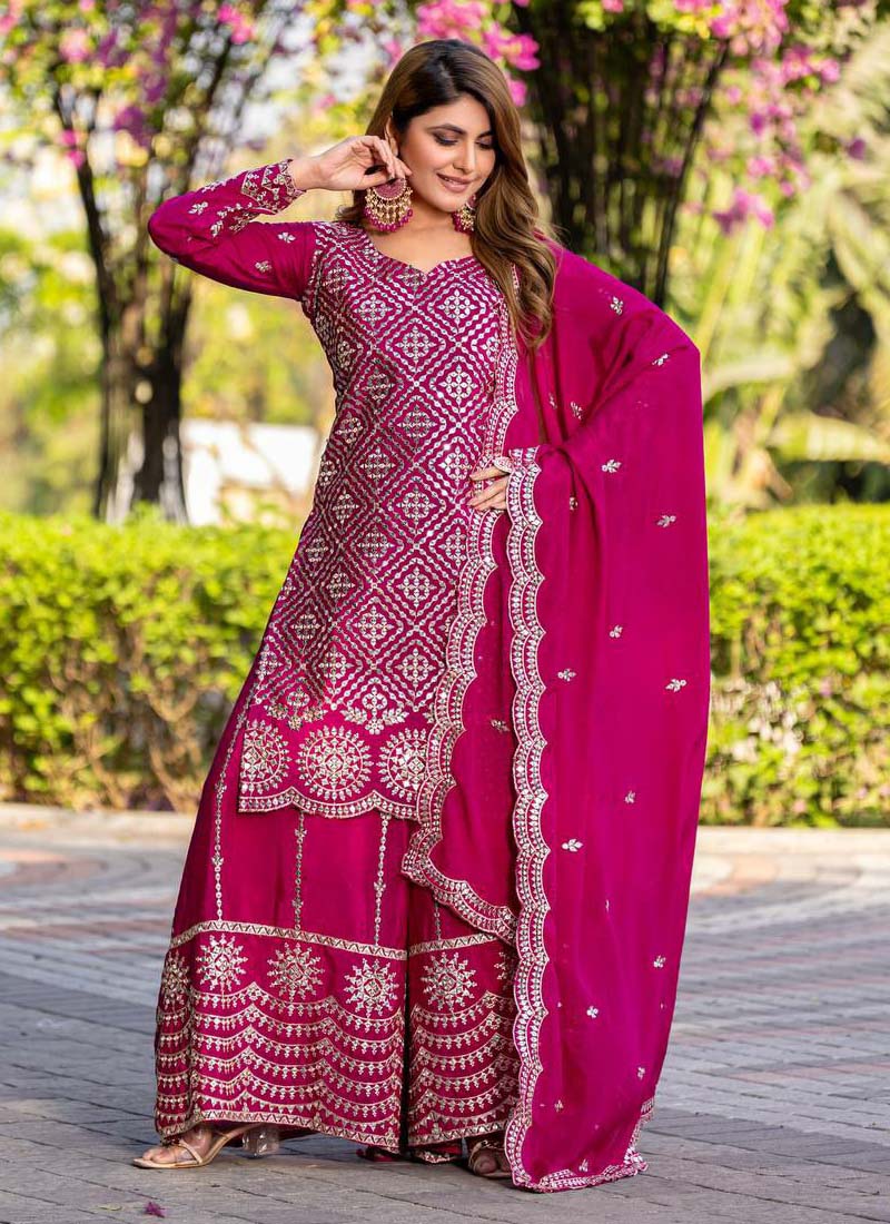 Prazu Fashion Pink Chinon Silk Thread Work Palazzo Suit | Grab2Buy