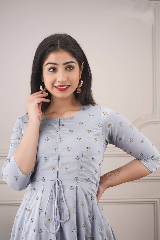 Partywear Designer Hand Screen and Foil Print Lightsteelgrey Pure chanderi Gown - Anbazaar - Grab2buy