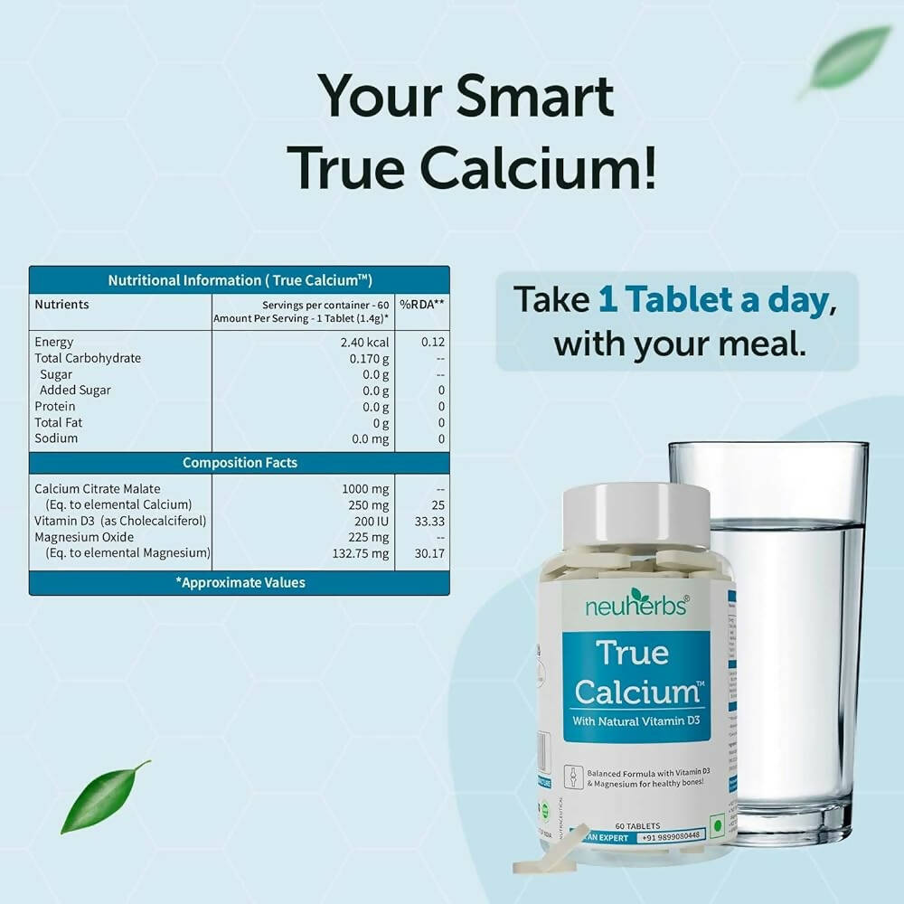 Neuherbs True Calcium 1000mg With Natural Vitamin D3 Tablets - Grab2buy