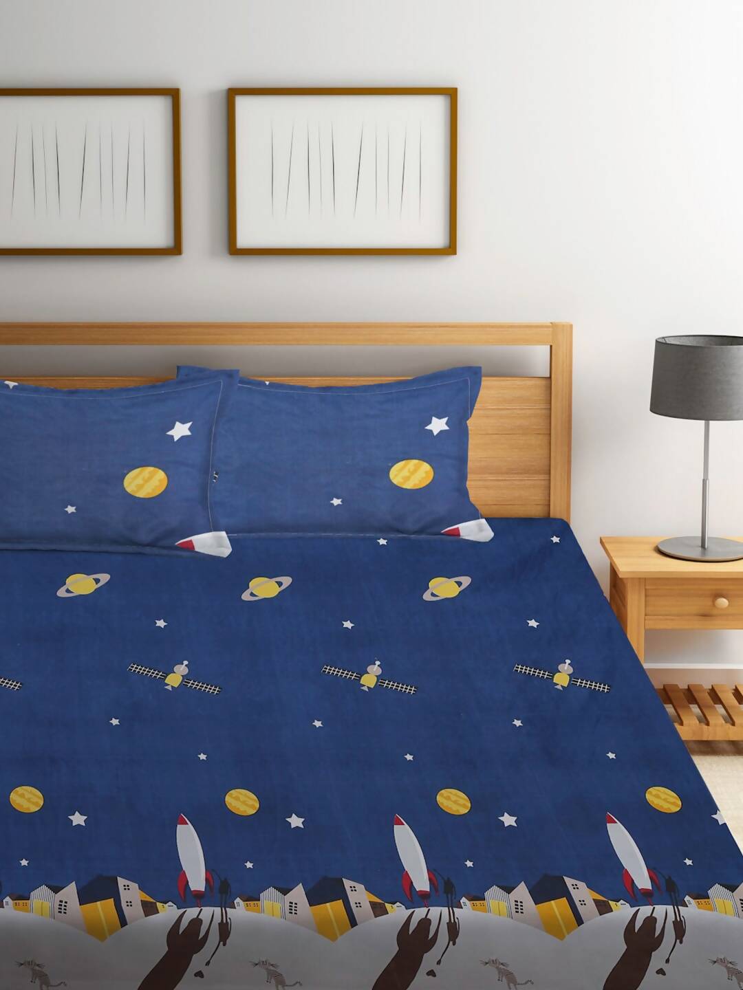 Home Sizzler Blue & Yellow Cartoon Characters 210 TC Bedsheet with Pillow Covers 