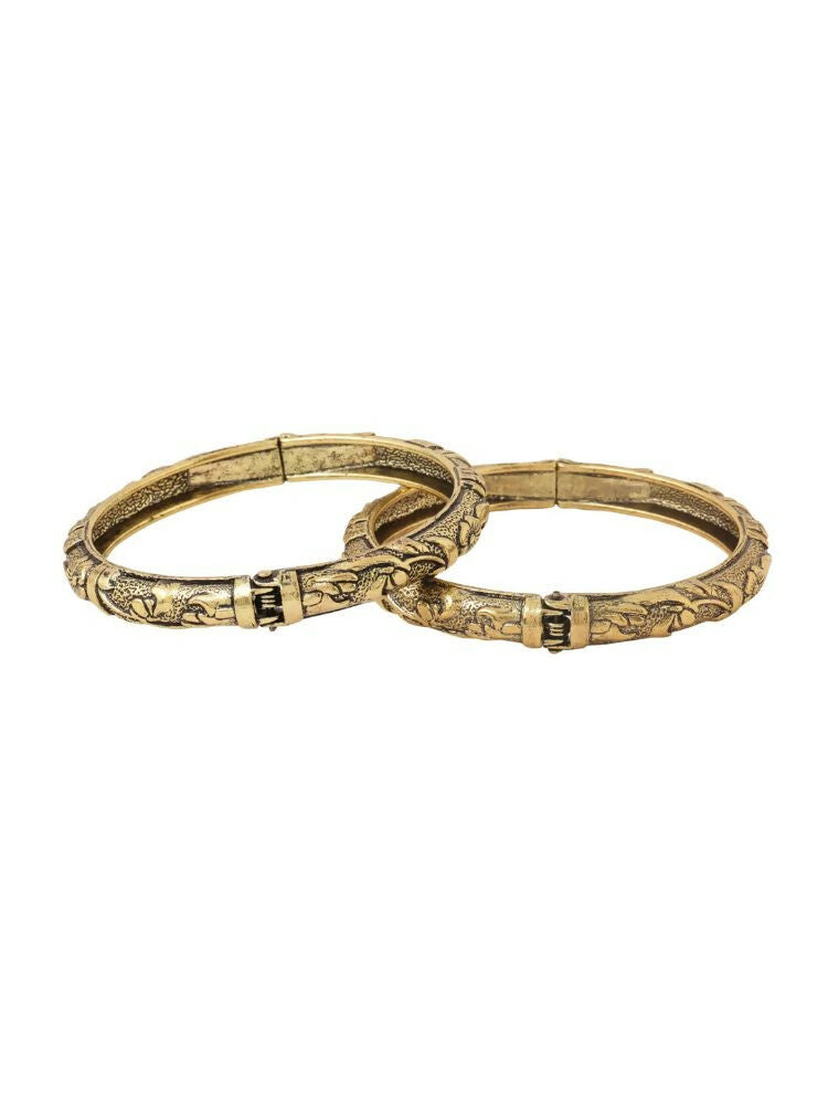 NVR Women Set of 2 Gold-Polished Floral Design Oxidised Bangles 