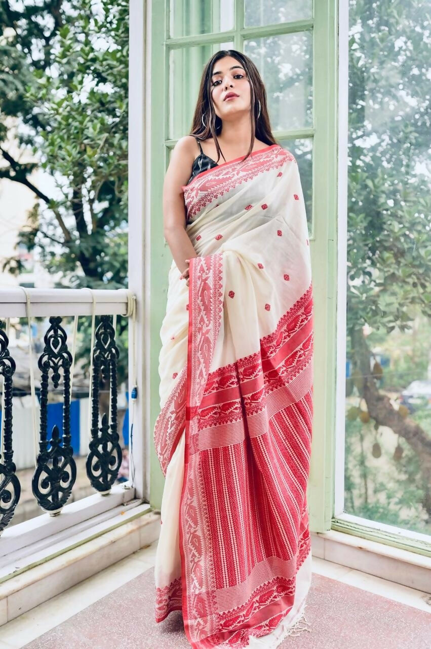 Exclusive Collection White Red Most Trending Beautiful Pure Cotton Handloom Grab2Buy 