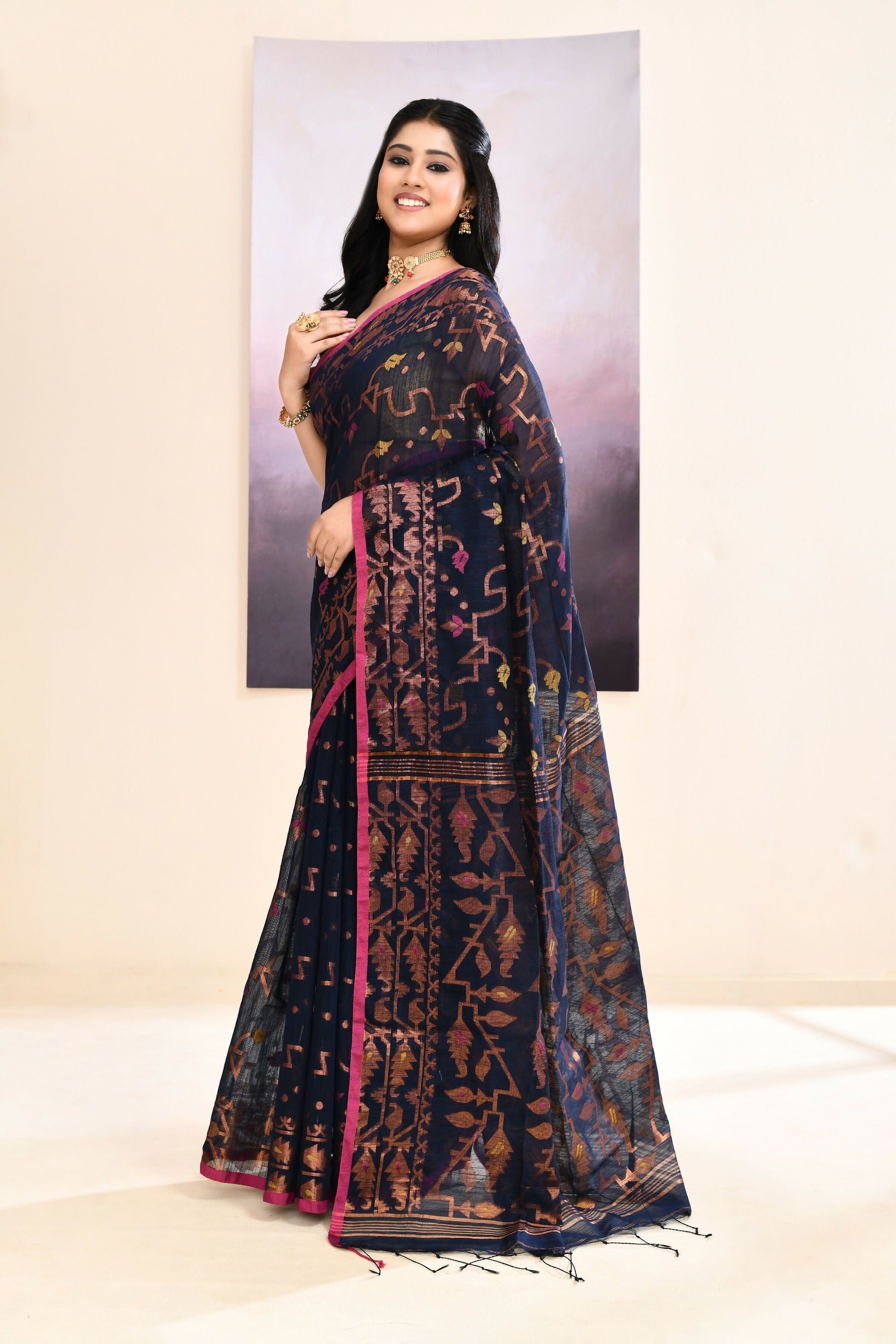 Piyari Fashion Women's Navy Blue Embellished Cotton Blend Jamdani Saree