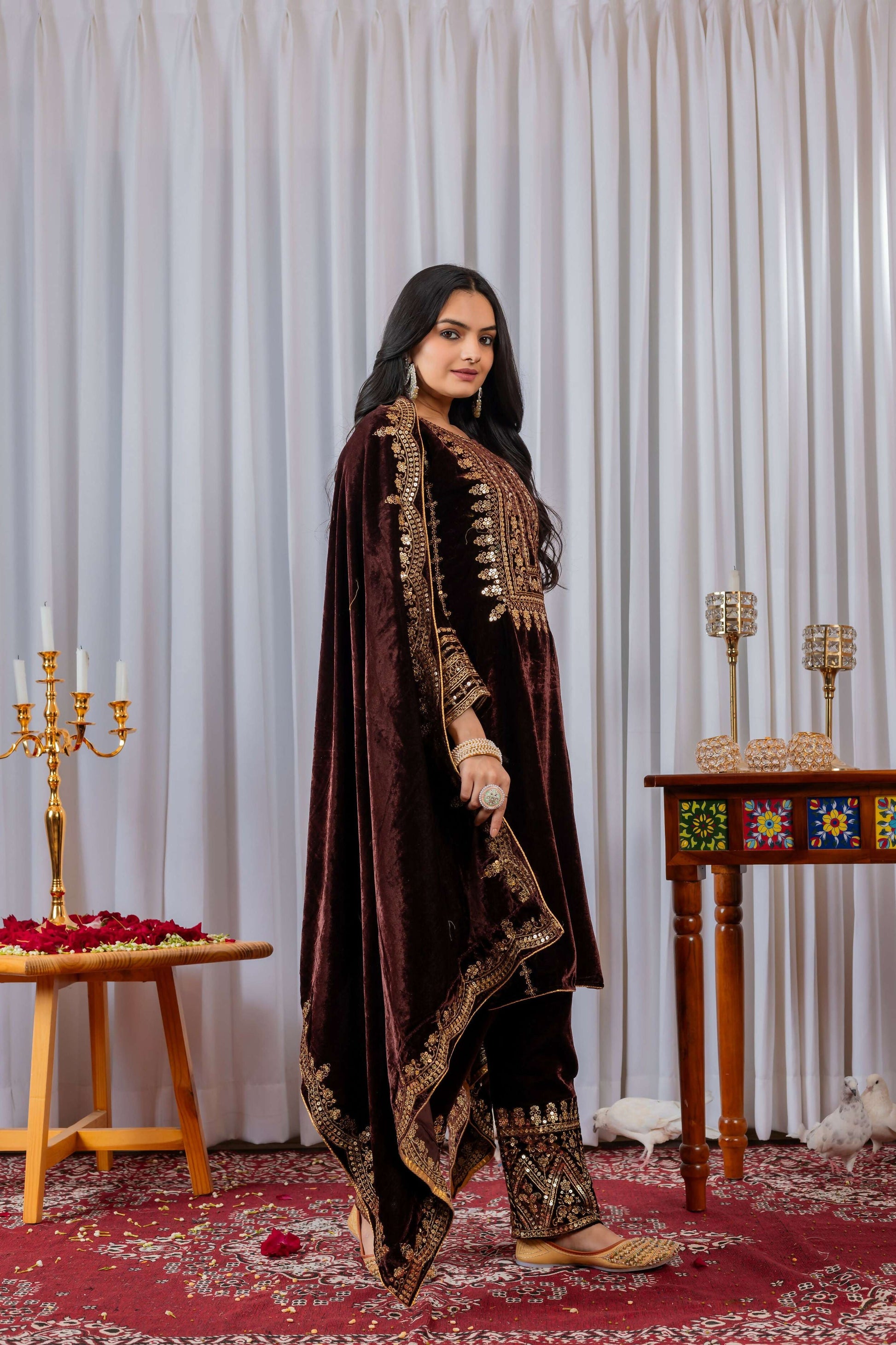Teeya Creation Maroon Color Velvet Designer Embroidery Work party Wear Suit