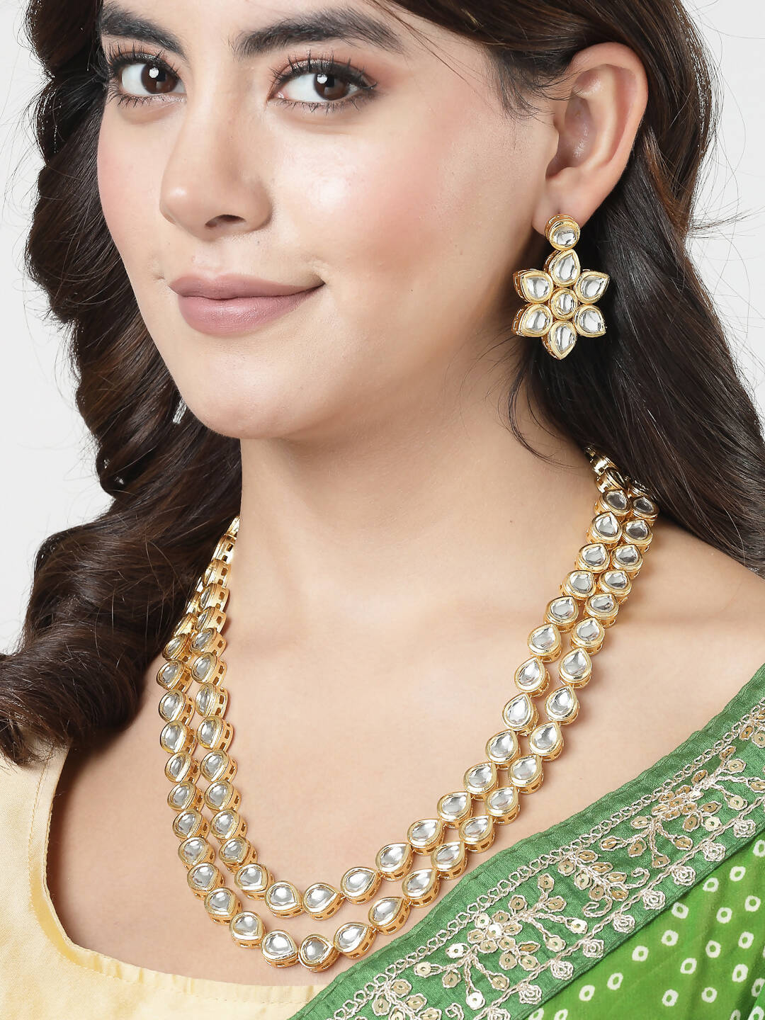 NVR Women's Gold-Plated Kundan 2 Layered Handcrafted Jewellery Sets With Drop Earrings - Grab2buy