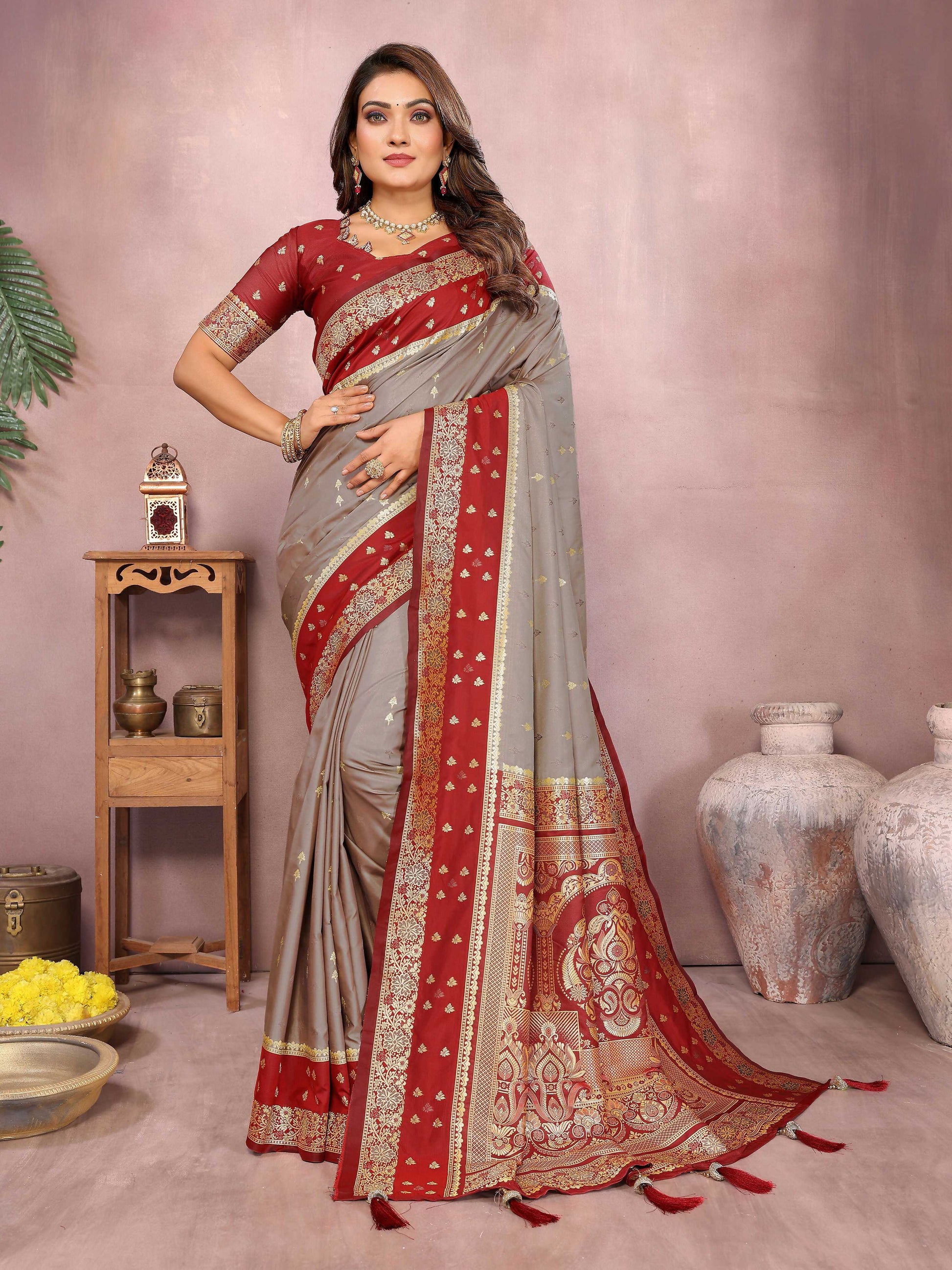 Aastha Fashion Grey Kalamkari Silk Zari Woven Saree