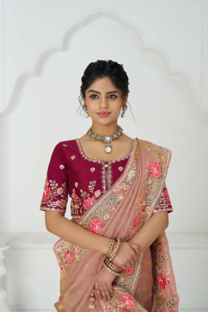 Kesar Fab Pretty Peach: Multicolor Embroidery With Blooming Floral Designs Saree