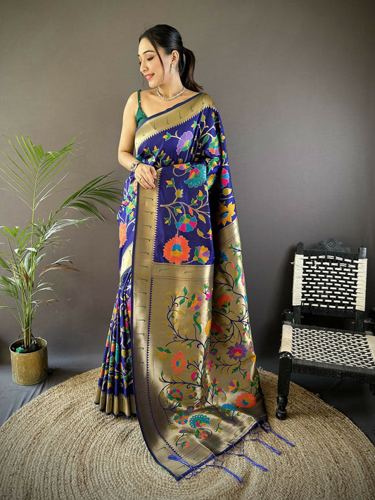 Joban Fashion Blue Zari Woven Floral Motifs Soft Silk Paithani Silk Saree