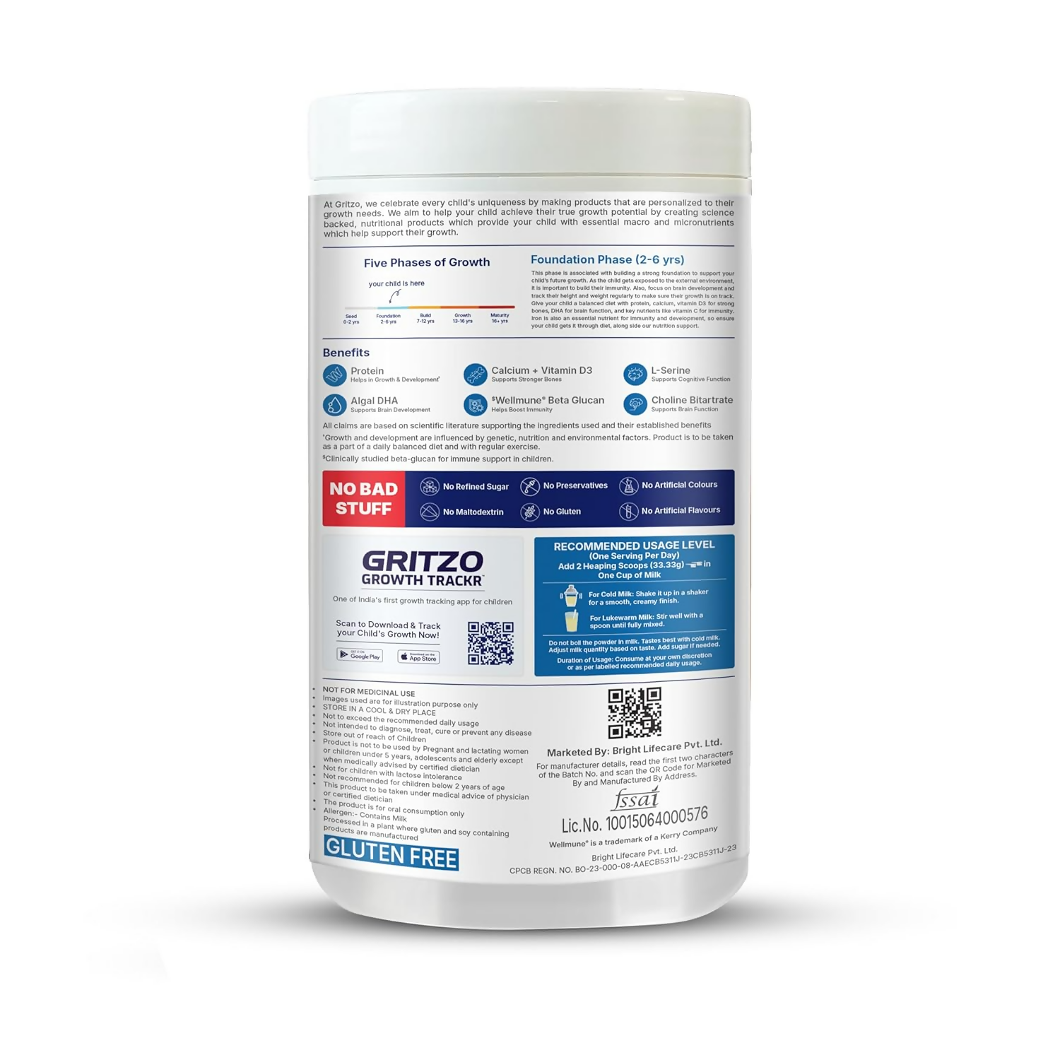 Gritzo SuperMilk Overall Growth (2-6y Boy & Girl), 6g Protein Powder (Creamy Vanilla)