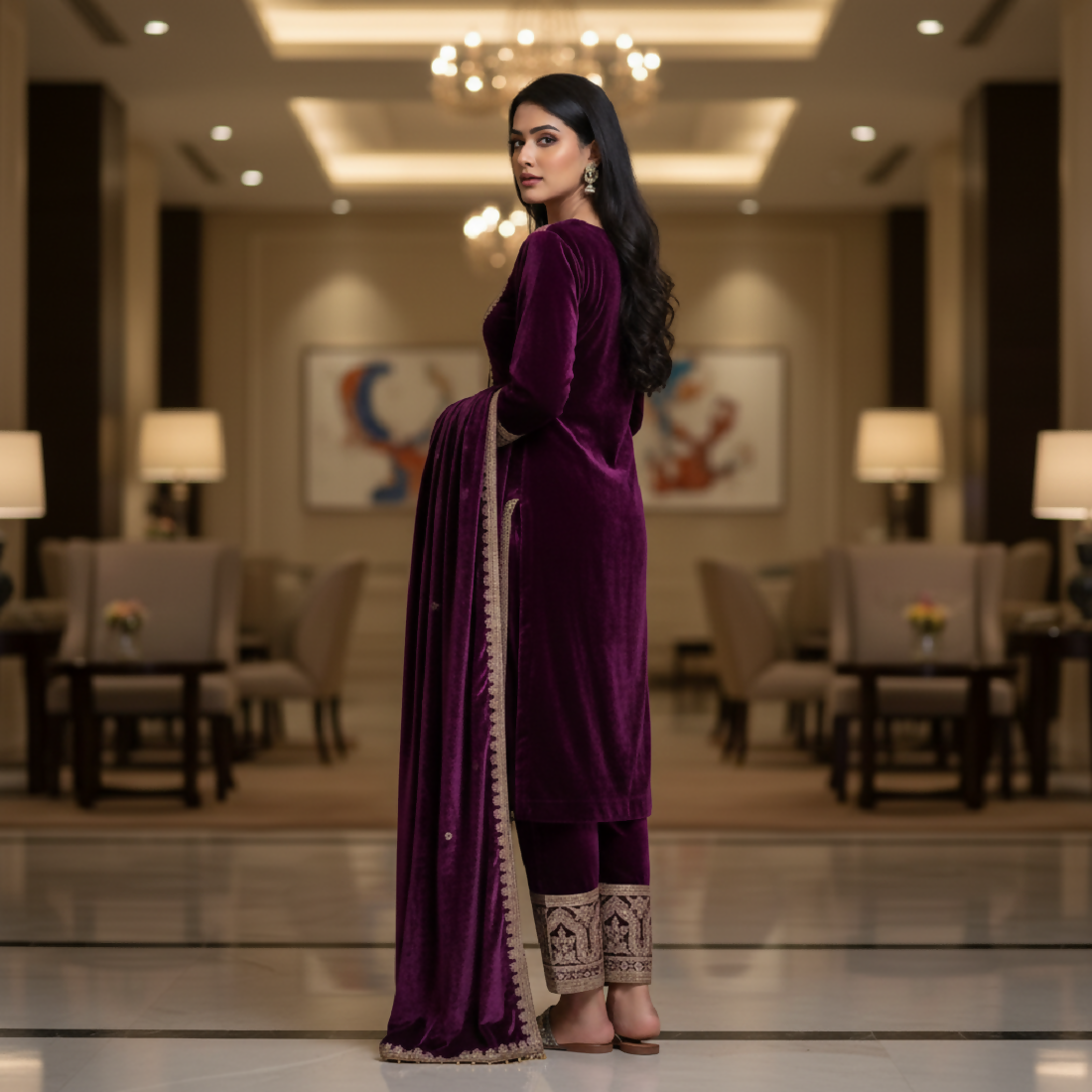 Joban Fashion Purple Velvet Embroidery Sequence Work Readymade Kurta Set