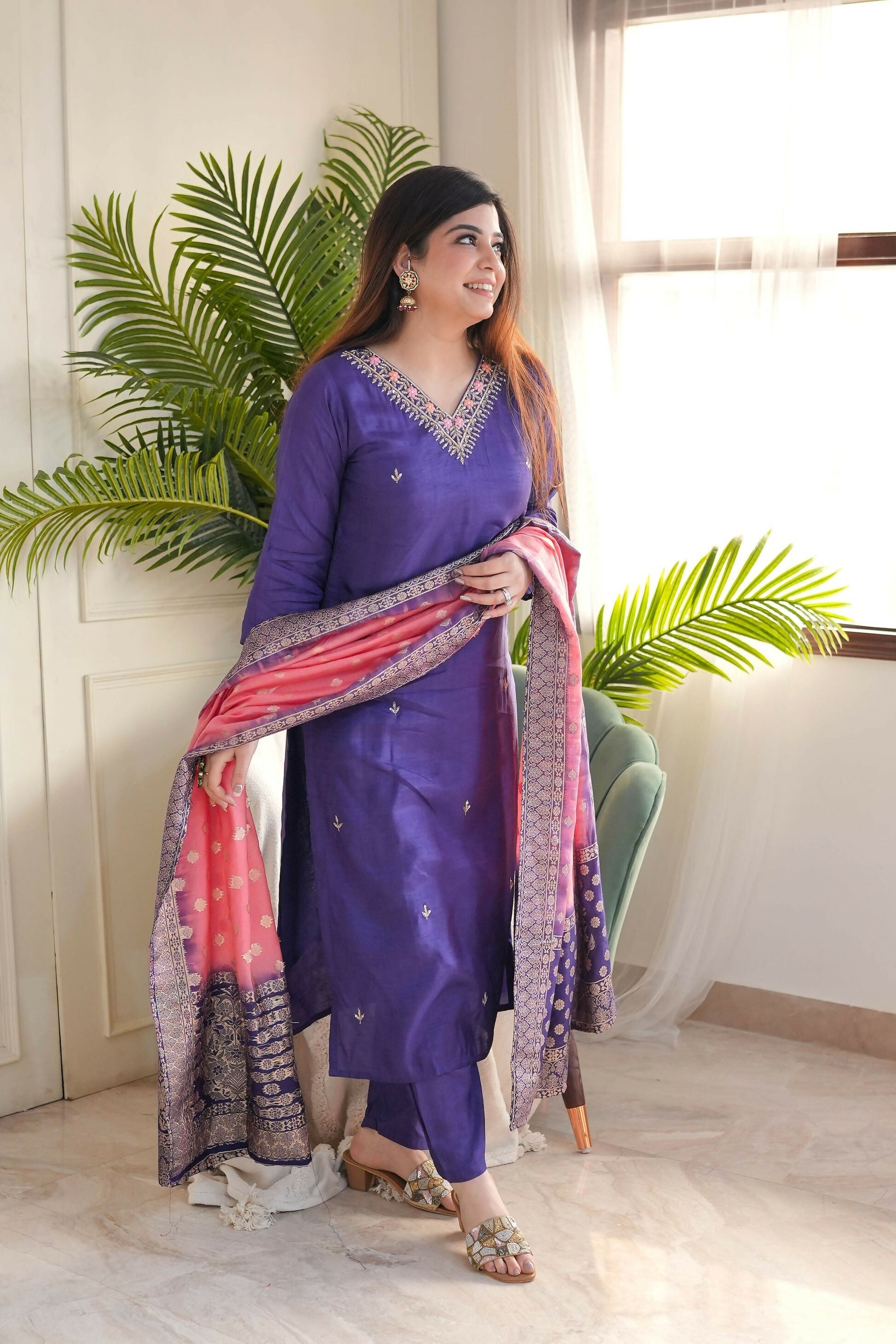 The52 Purple Women's Gorgeous Embroidered Vichitra Fabric Straight Kurta Pant with Dupatta Set | Grab2Buy