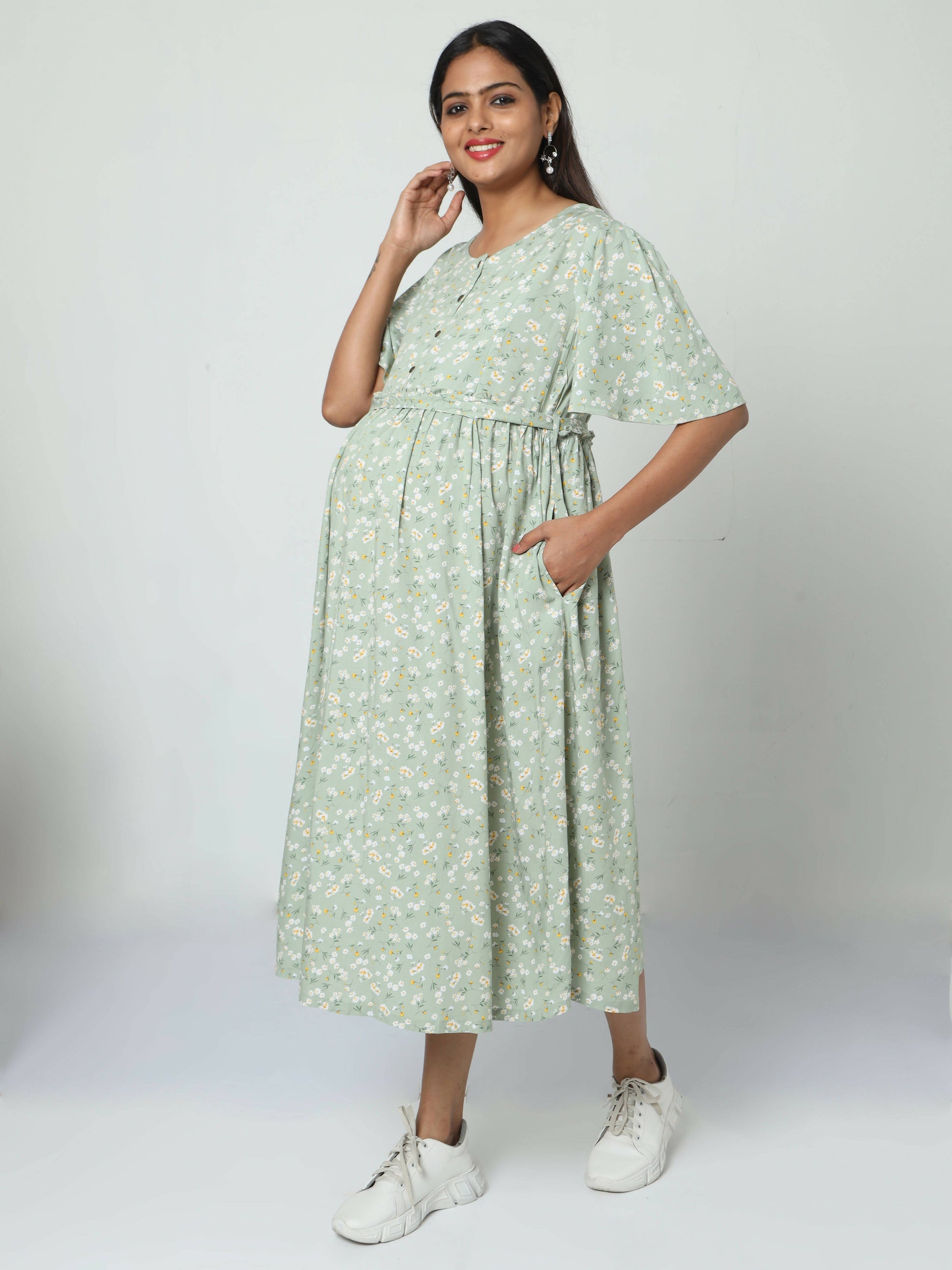 Manet Frill Slevees Maternity Dress Floral Print With Concealed Zipper Nursing Access - Green