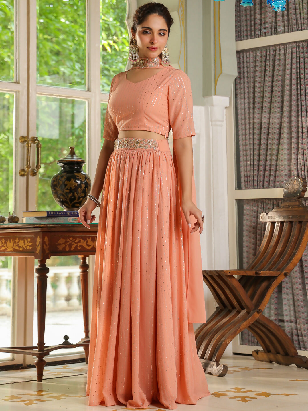 Janasya Peach Georgette Foil Print Lehenga Choli Dupatta 