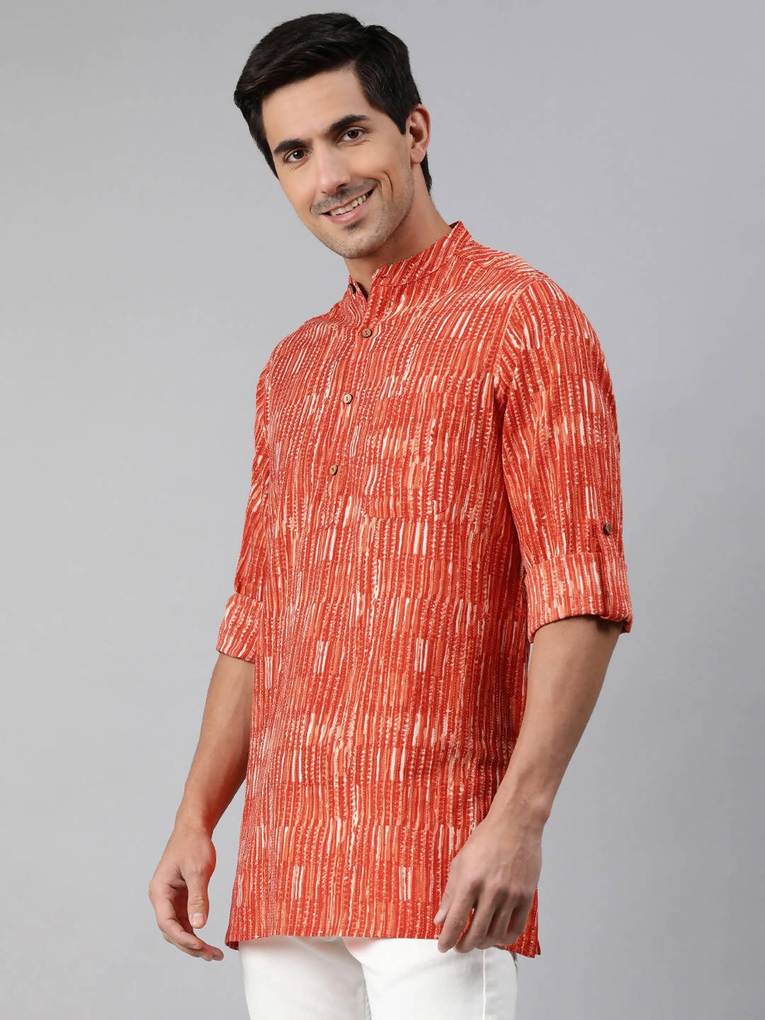 Janasya Men Orange & White Striped Kurta