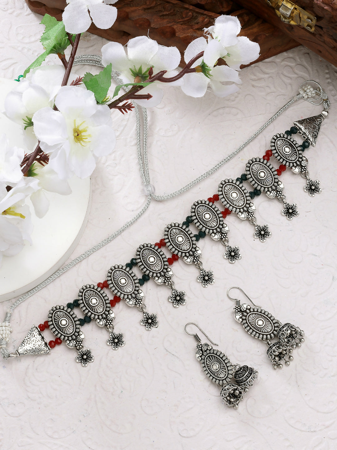 NVR Women's Silver-Plated Choke Oxidized Necklace with Jhumka Earrings - Grab2buy