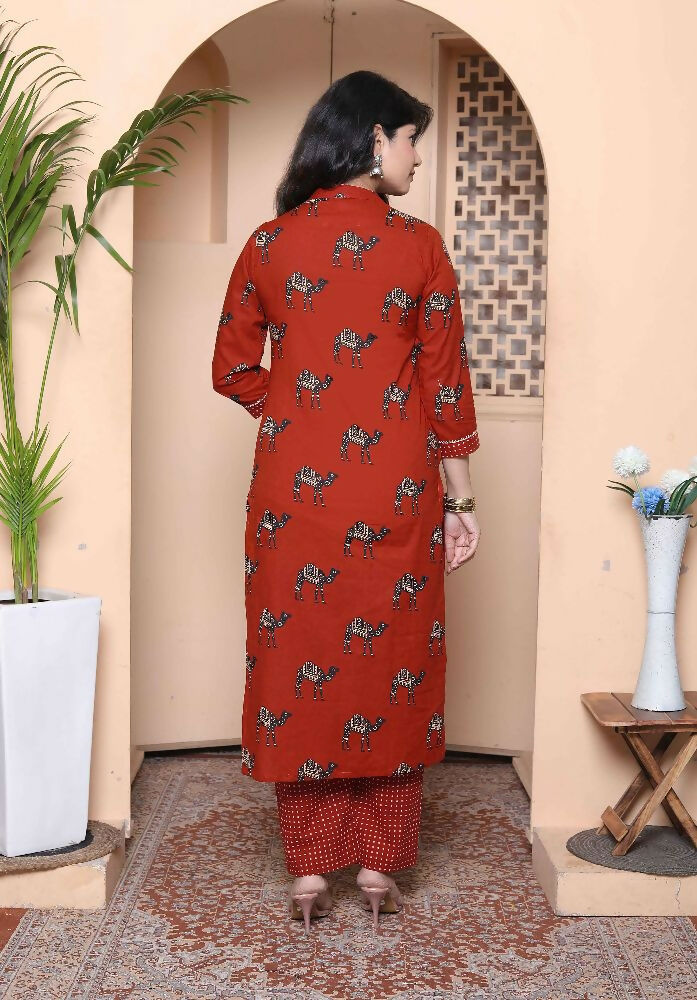 Miravan Womens Rust Animal Printed Three Quarter Sleeves Pure Cotton Kurta With Palazzo