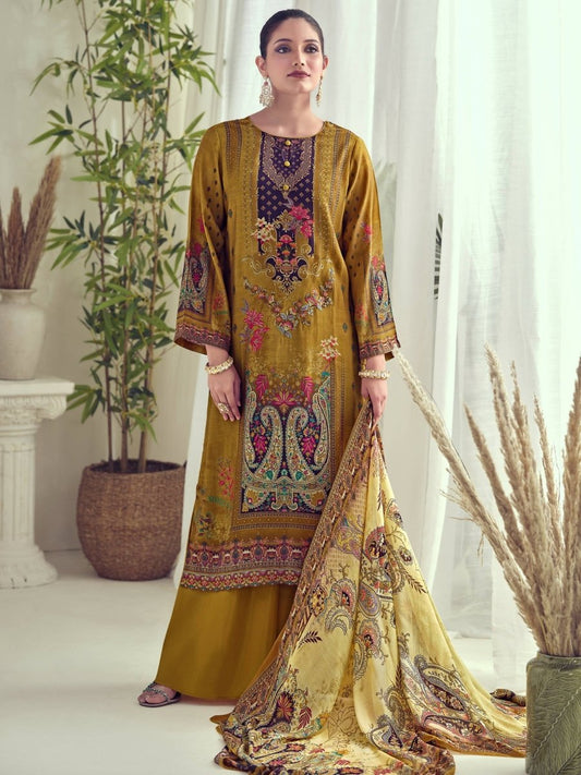Aastha Fashion Women's Mustard Muslin Floral Digital Print with Resham Thread work Kurta with Trouser & Dupatta - Grab2buy