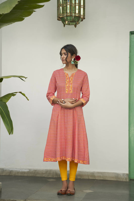 Peach Cotton Floral Printed A line Kurta - Prasuti