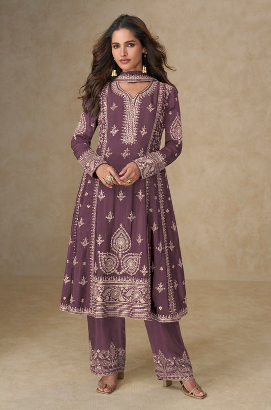 Anaita Purple Chinon Silk Stitched Suit with Embroidery & Sequence Work