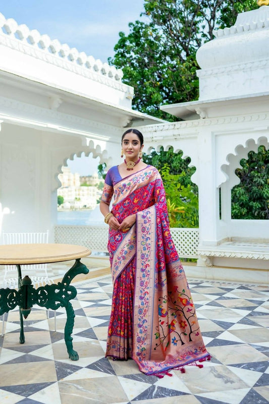 Aastha Fashion Magenta Woven Paithani Silk Saree with Blouse - Grab2buy