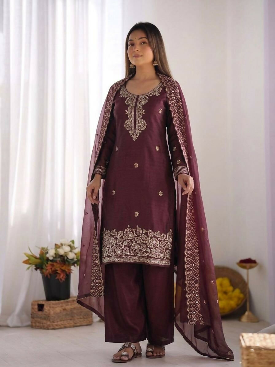 Teeya Creation Womens New Trendy Stylish Embroidery Beads Work Palazzo Kurta Set -Maroon