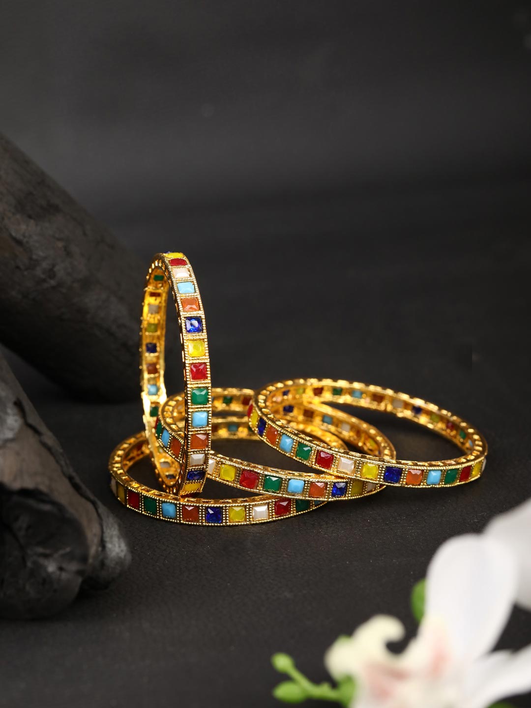 Priyaasi Women Set of 2 Colored Stones Gold-Polished Bangles 