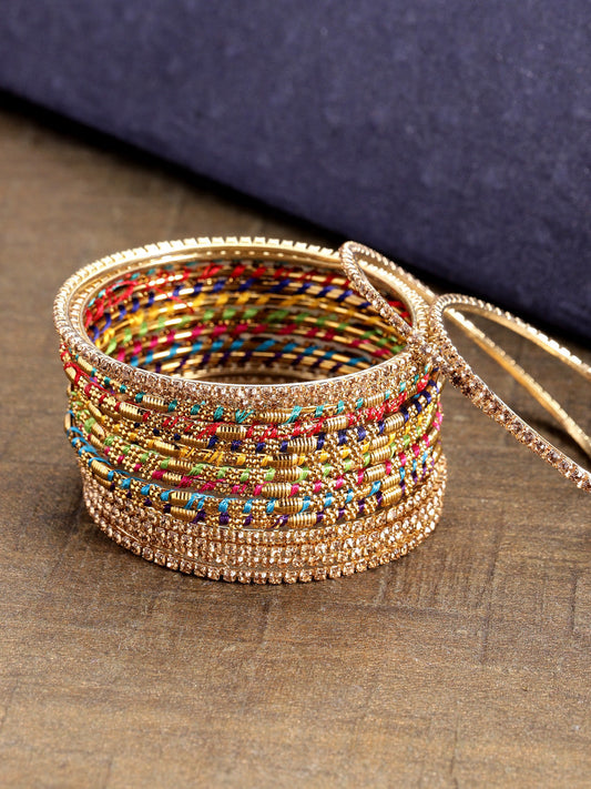Priyaasi Women Set of 16 Multicolour Thread Work and Stones Studded Bangles | Grab2Buy